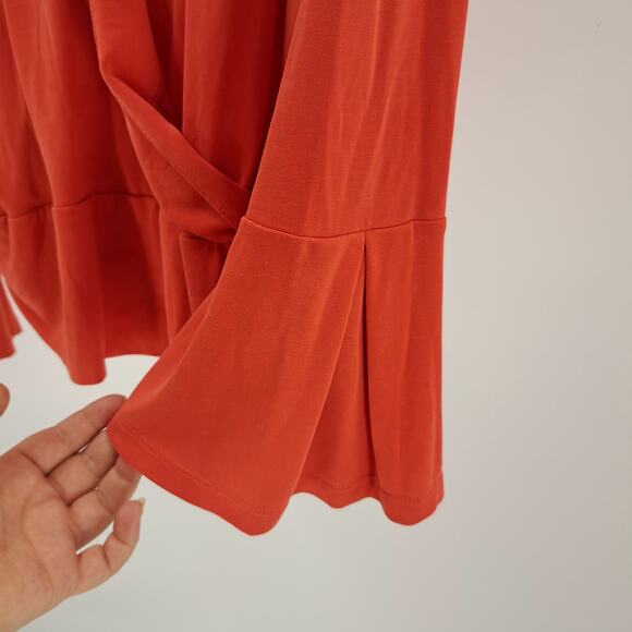 Soft Surroundings Annika Top XL Sueded Surplice Bell Sleeve Ruched Side Orange - Picture 3 of 6
